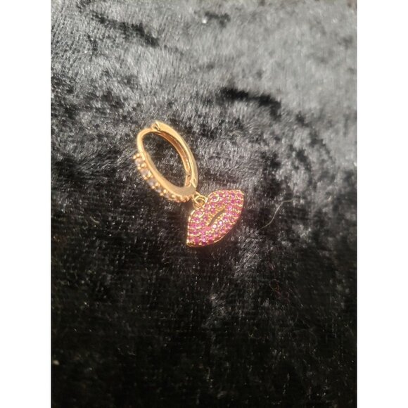 Lip Charm Hoop Earrings 14K Gold Plated CZ Lip Charm Dangle - Picture 6 of 6